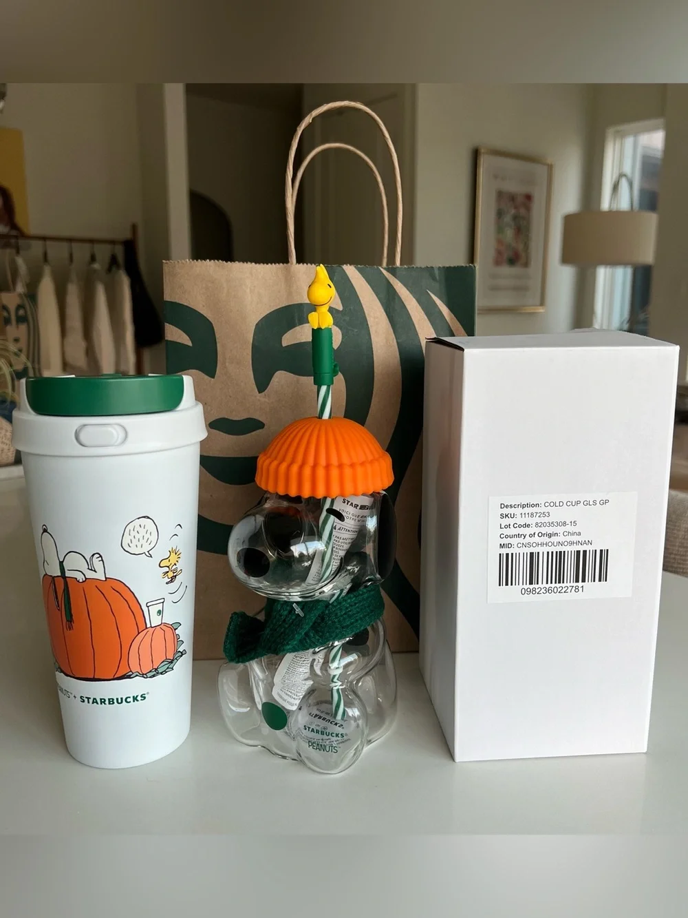 Starbucks Peanuts Snoopy Glass Cup & Great Pumpkin Tumbler Set